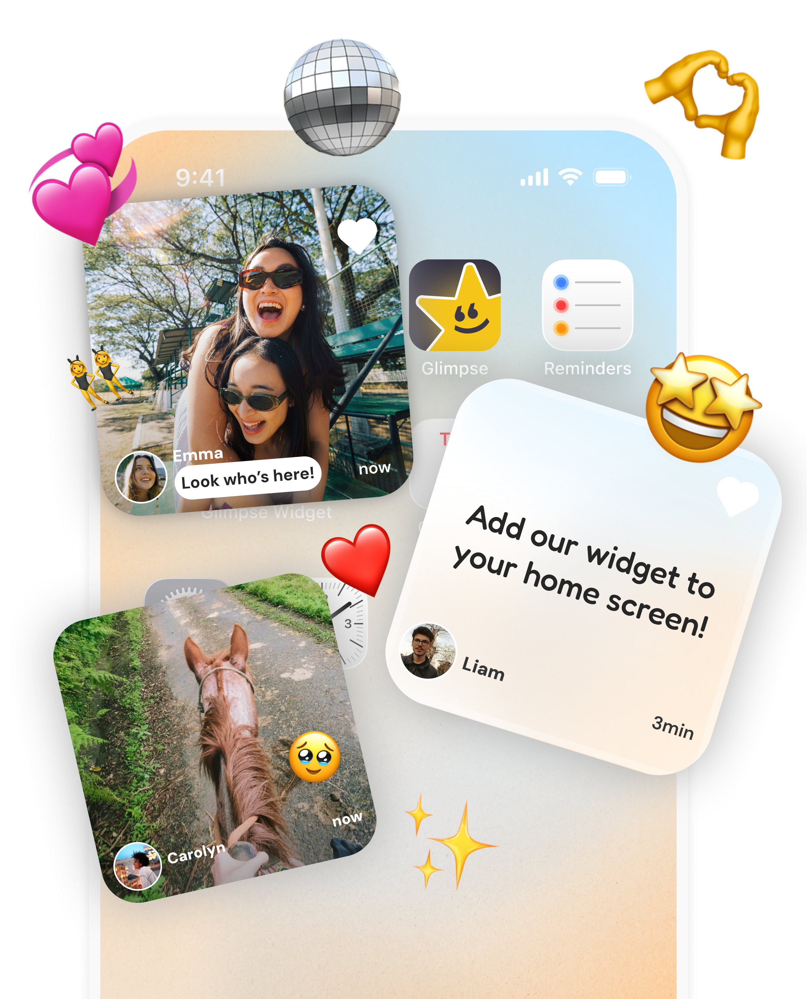 Glimpse app preview showing widgets and photo sharing